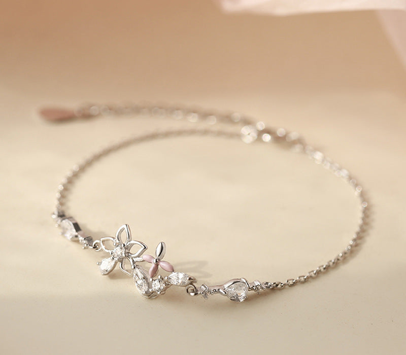 Fashion Korean 925 Sterling Silver Link Chain Crystal Flower Charm Bracelet &Bangle For Women Wedding Jewelry SL113 Dream Story